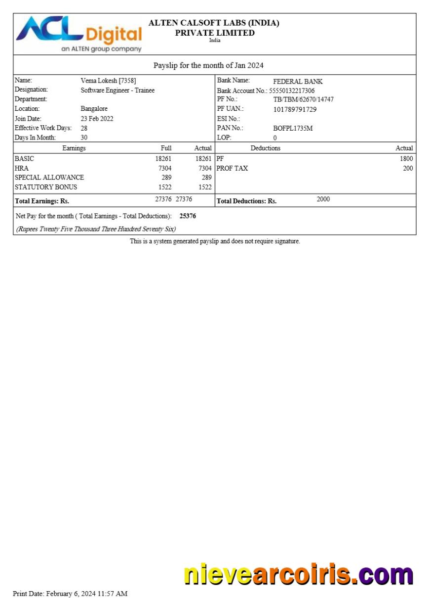 Alten Calsoft Labs ACL Digital payslip